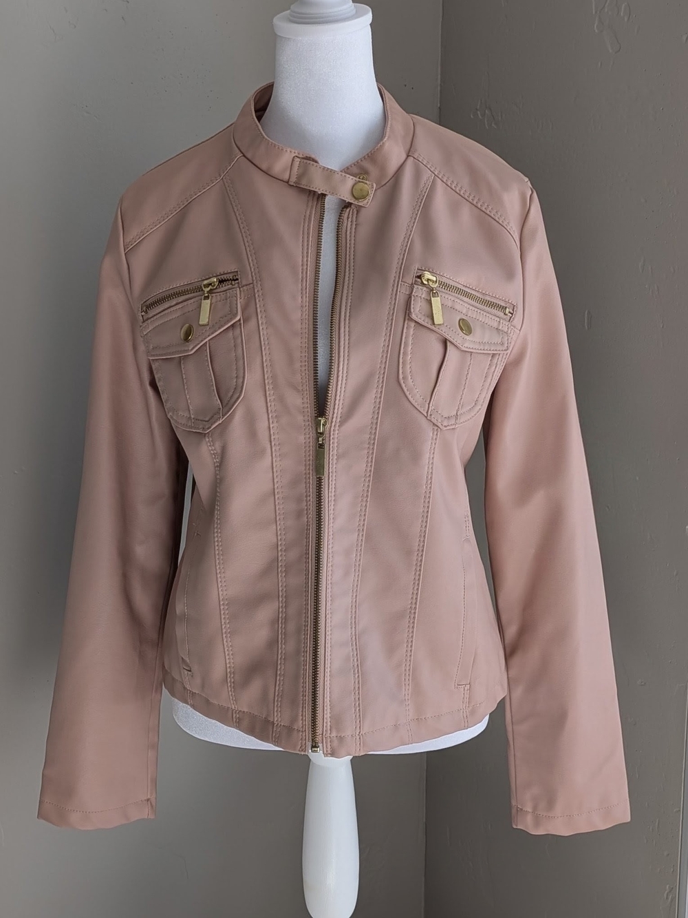New Look Blush Pink Faux Leather Moto Jacket with Gold Hardware-Large